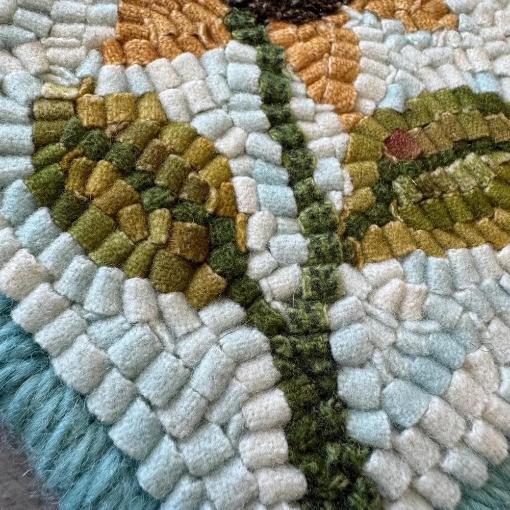 Handmade Wool Rug Hook Sunflower Mat 7x7 Square‎ Folk Art Floral Decor
